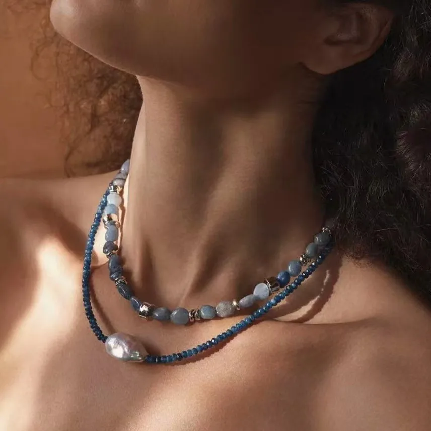 Europe Fashion Designer Blue Orange Natural Stone Baroque Pearl Necklace Woman Jewelry Accessories