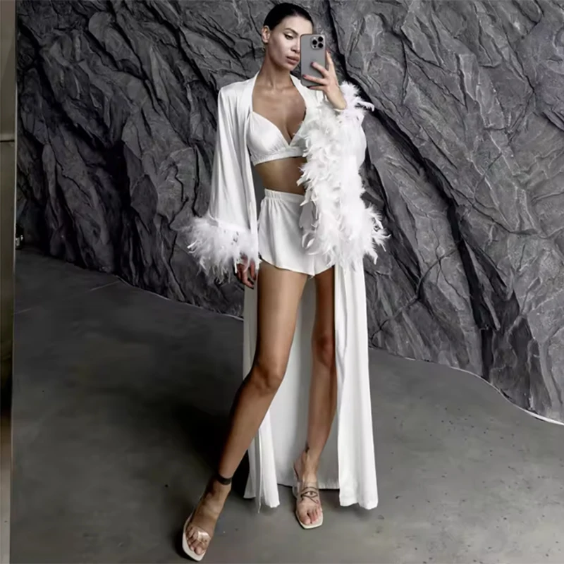 Silk Satin Bride Bridesmaid Wedding Robe Feather Cuffs Backless Night Dress Sleepwear Loose Long Kimono Bathrobe Gown Homewear