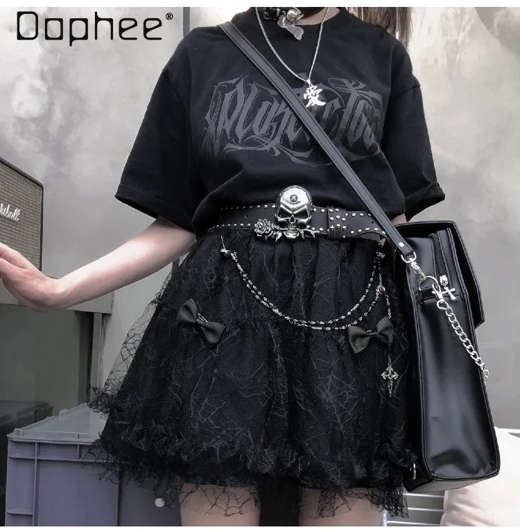 Gothic Black Lace Cake Skirt Harajuku Elastic Waist Tulle Skirt Y2k Bow Chain A Line Short Skirt Women Lolita Japanese