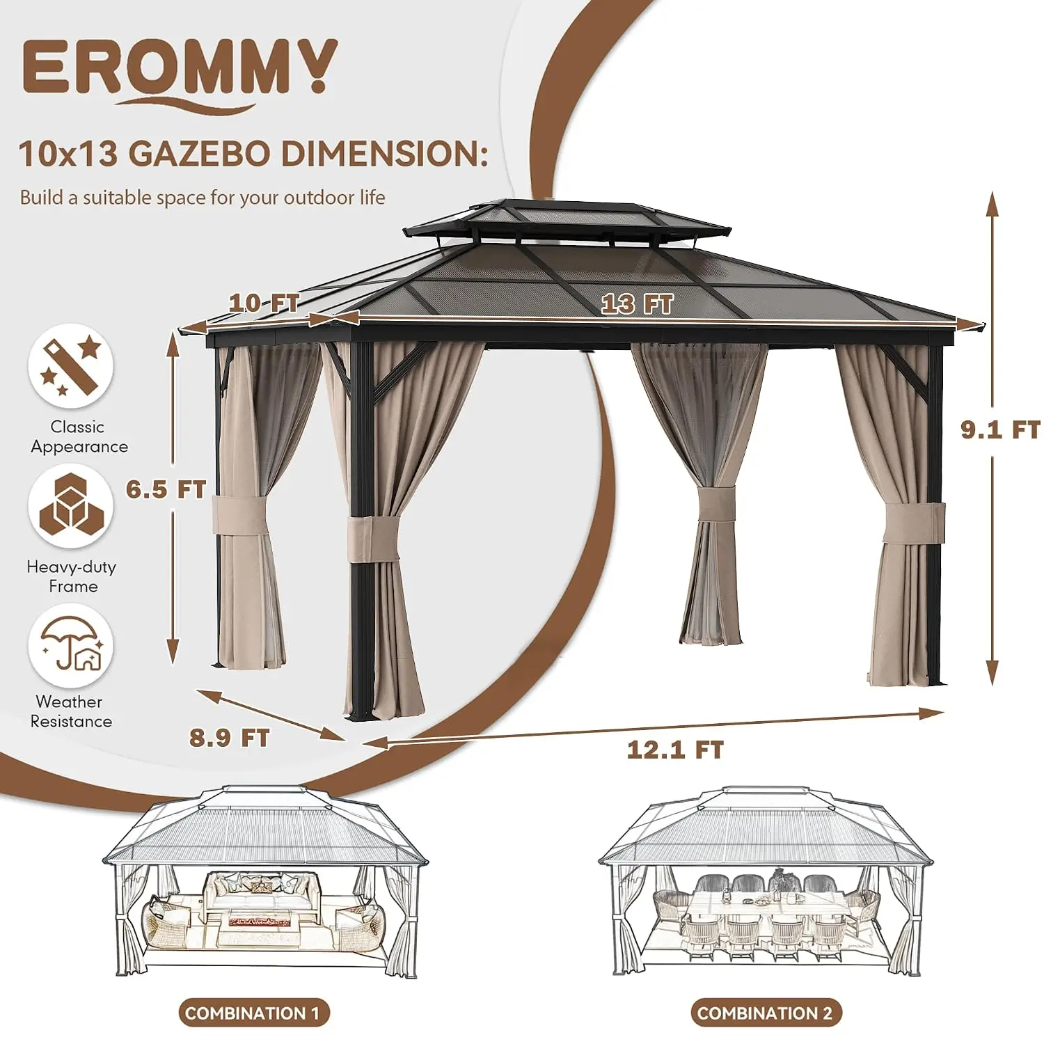 10' x 13' Gazebo Polycarbonate Double Roof Canopy Outdoor Aluminum Frame Pergola, Permanent Pavilion with Netting, Customized