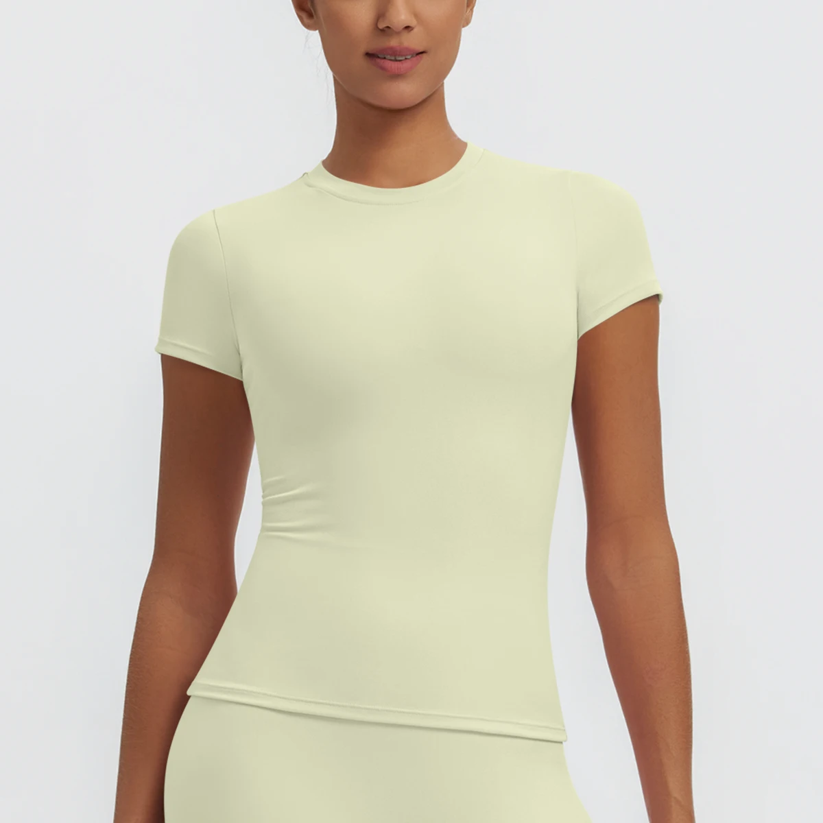 Hochelastisches, schnelltrocknendes, einfarbiges Yoga-Kurzarm-T-Shirt für Damen, Workout-Oberteil, schmal geschnittenes, lässiges Sport-, Lauf-, Fitness- und Yoga-T-Shirt. – Detail 31