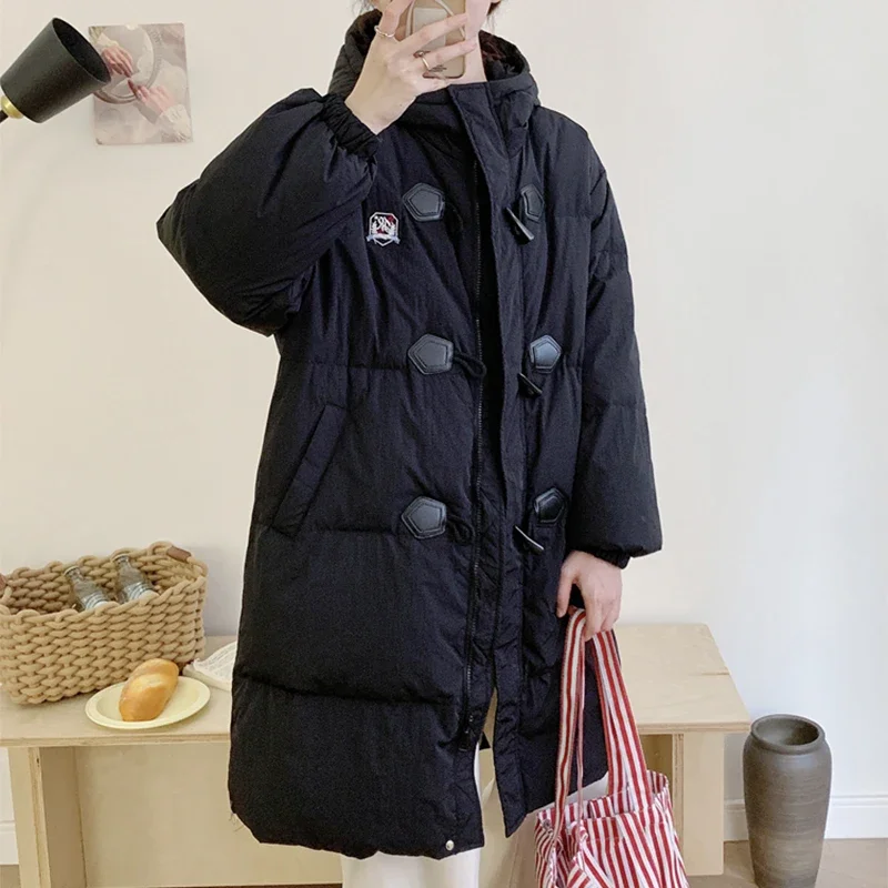 Women Hooded Cotton-padded Jacket Mid-Length Horn Button Down Coat Thermal Solid Thicken Preppy Style Parkas Warm Winter Outwear