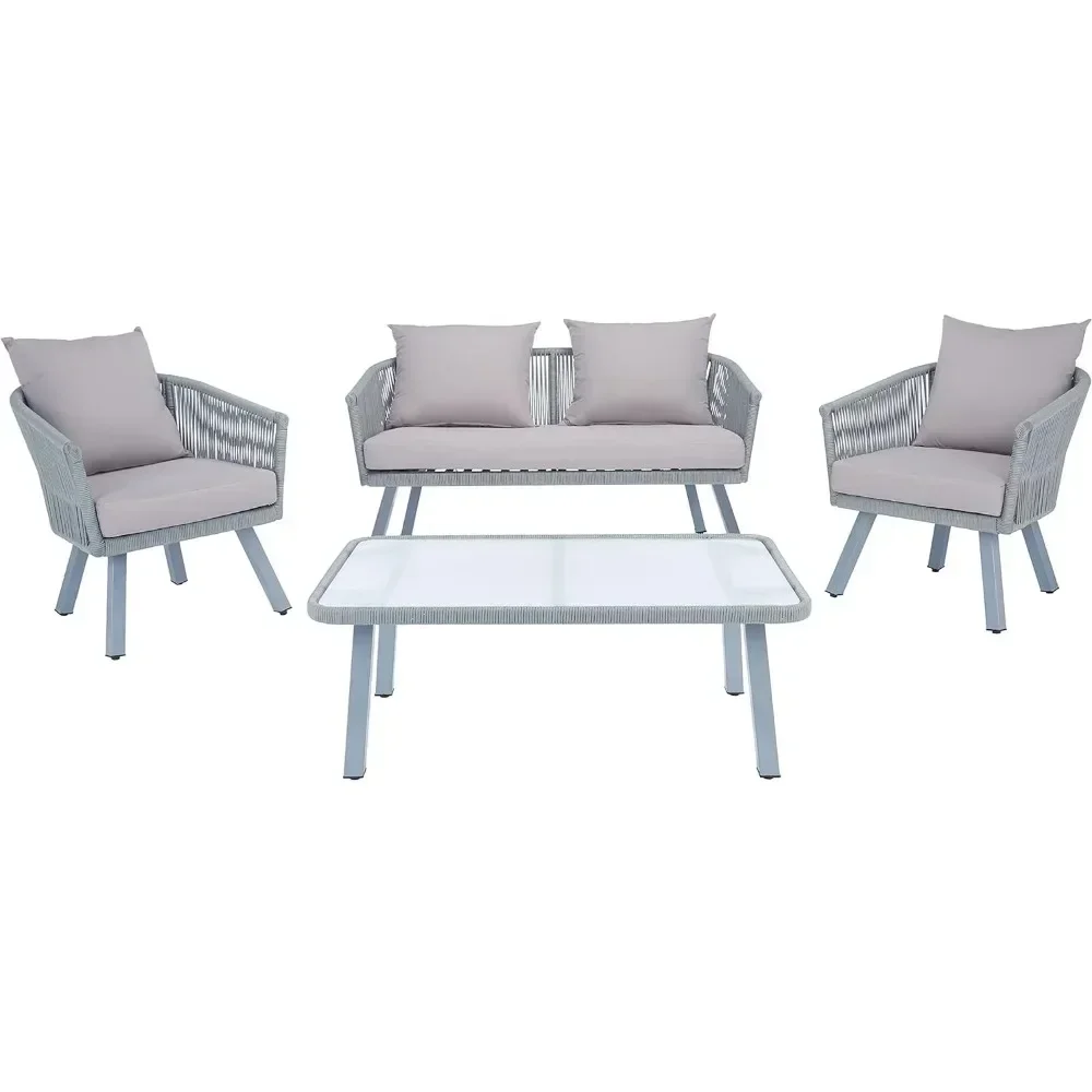 Outdoor Collection Wicker Cushion 4-Piece Rope Patio Backyard Living Set Grey/Grey Outdoor Garden Furniture Sets Table Chair