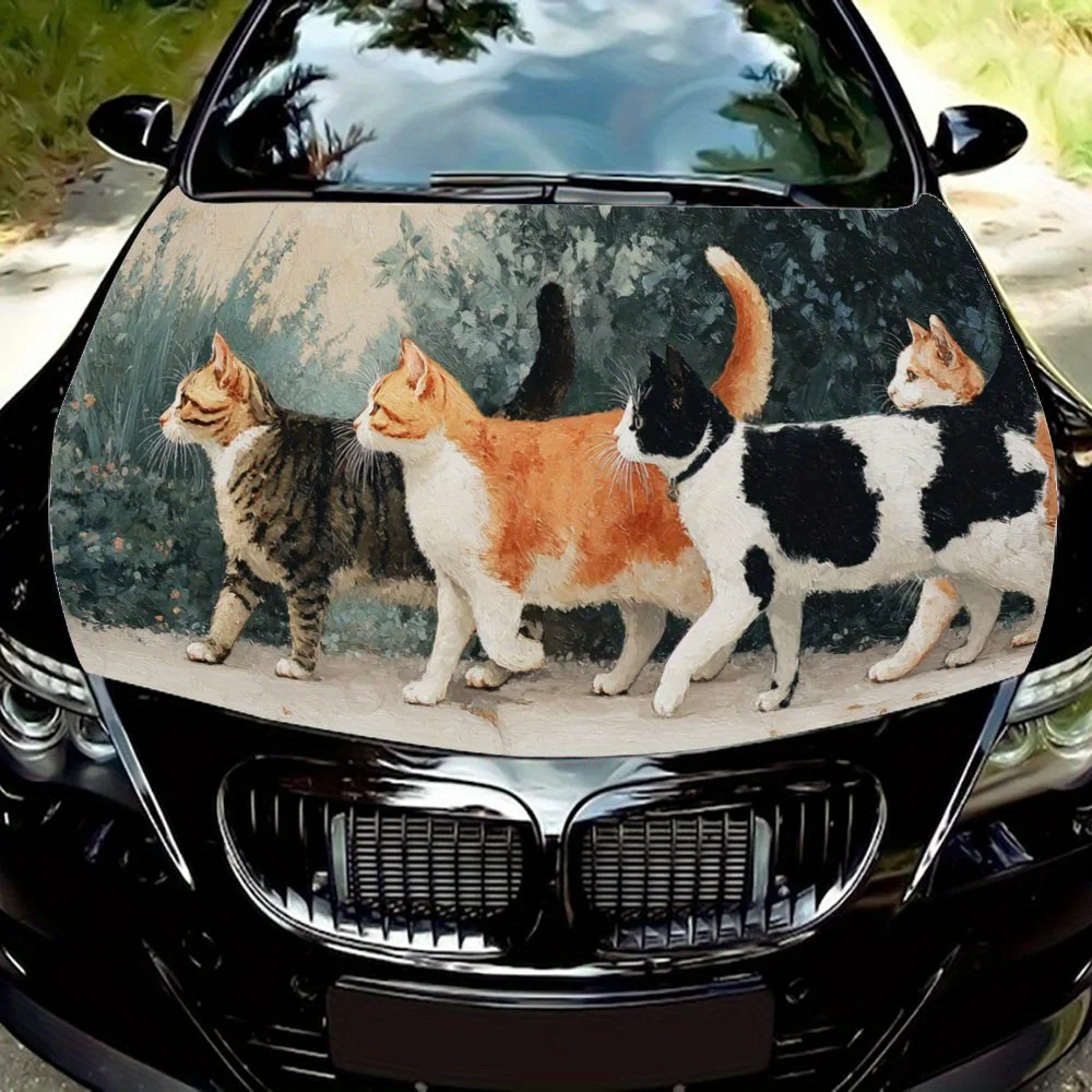Cute Cat Squad Art  Four Adorable Cats Walking on Path Car Hood Sticker PVC Self Waterproof stick, Striking Auto Exterior Access