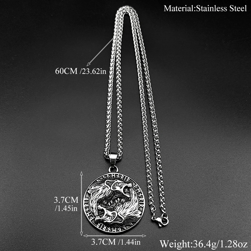 Nordische Mythische Doppel-Wolf-Rune-Kette für Damen und Herren, Edelstahl, Schwarz, Retro, Okkultismus, Herrenhalskette, Schmuckgeschenke – Detail 3