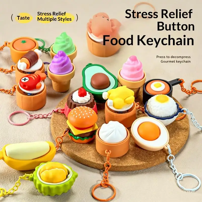 Mini Gourmet Keychain Decompression Fidget Anxiety Relief Toy Cute Burger Sushi Avocado Durian Pendant Bag Backpack Decor