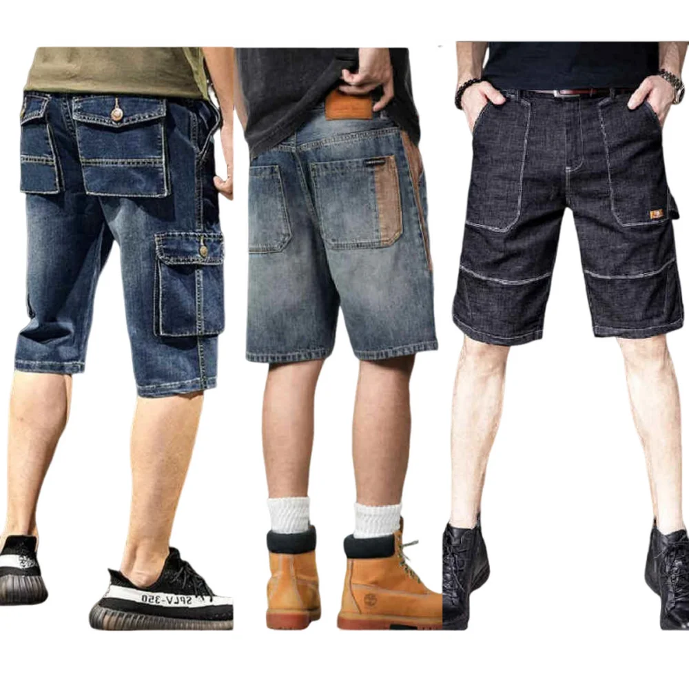 Camouflage Large Pocket Rpped Jean Shorts ,Youth Men Loose Fit Hollow Out Beggar Denim Shorts