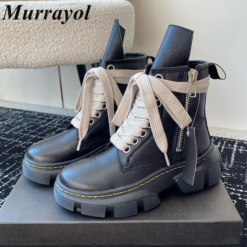 Genuine Leather Lace Up Ankle Botas Women Round Toe Thick Bottom Heighten Short Boots Spring Autumn Zipper Design Riding Boots