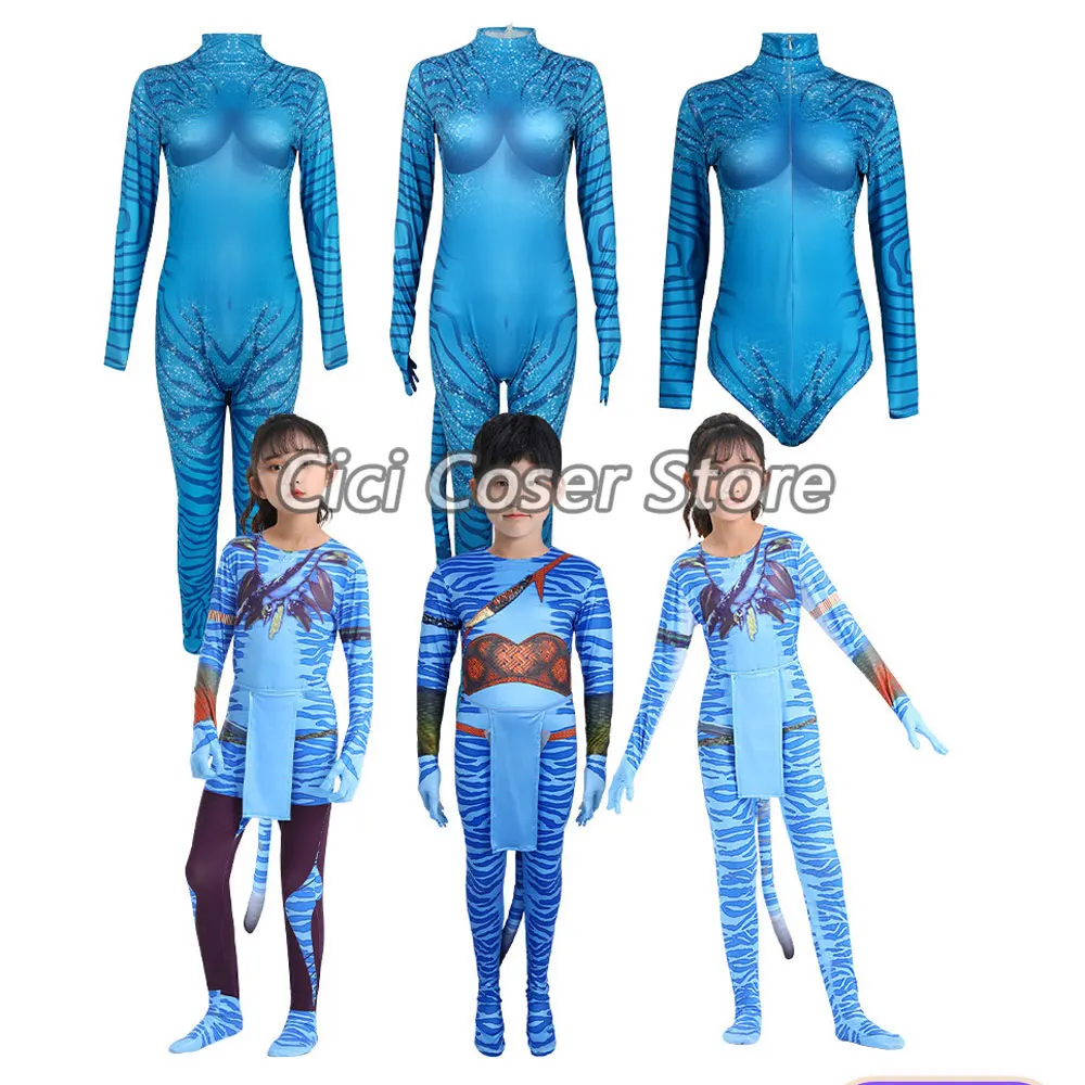 

Hot Movie The Way of Water Cosplay Costume Blue Bodysuits with Tail Adults Woman Girls Boys Halloween Party Carnival Jumpsuits