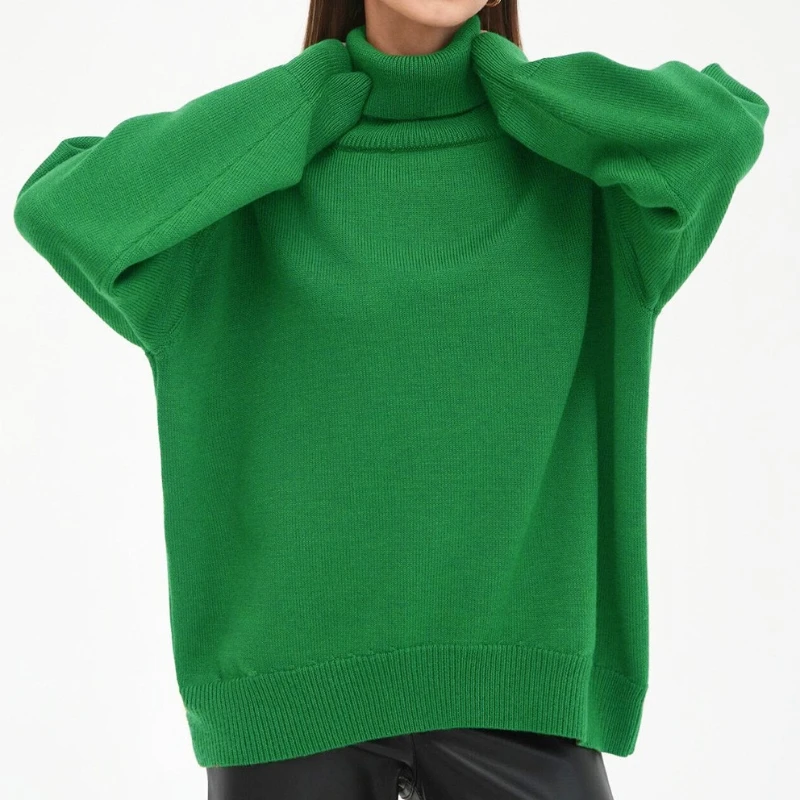 

Cross-border Sweater 2025 Foreign Trade Autumn and Winter Comfortable Solid Color Turtleneck Sweater Loose Knitted Sweater Women