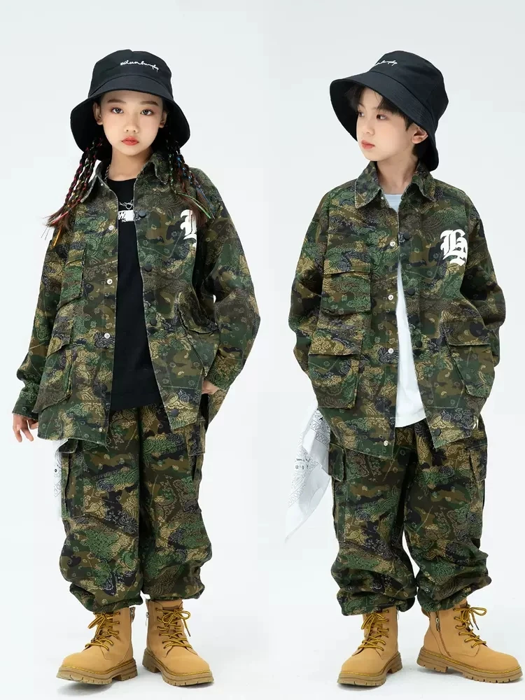 

Hip Hop Dance Costume For Kids Camouflage Suit Loose Coat Cargo Pants Boys Girls Modern Jazz Performance Clothing Kpop BL9727