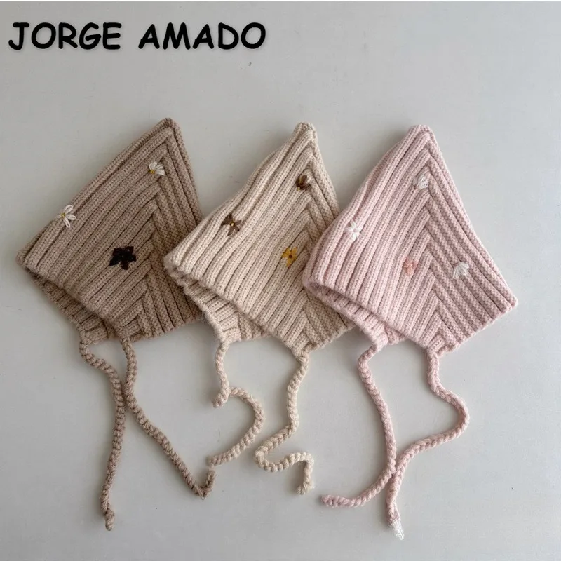 

New Winter Newborn Baby Knit Bonnet with Embroidered Flowers Soft Warm Pointed Ear Flap Hat Boy Girl Christmas Knitted Cap A3579