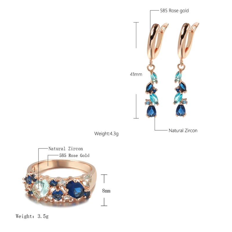 Kinel New Blue Natural Zircon Long Earrings Ring Sets for Women Trendy 585 Rose Gold Ring Romantic Vintage Wedding Jewelry Sets