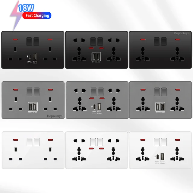 Wtyczka 18 W typu C Szybkie ładowanie Uniwersalne 5-pinowe podwójne gniazdo zasilania, standardowe brytyjskie gniazdo ścienne 13 A z ładowarką USB DC 5 V 3,1 A typu c