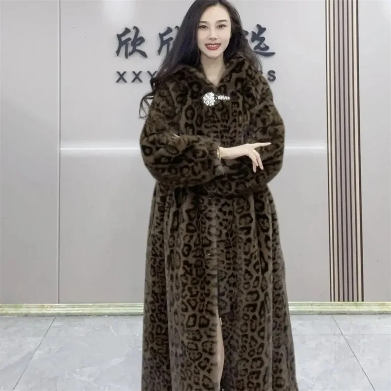 Leopard Print Lazy Elongated Fur Coat For Women's Winter Hooded Warm Environmentally Friendly Fur Coat Thick Imitation Fur Jacke