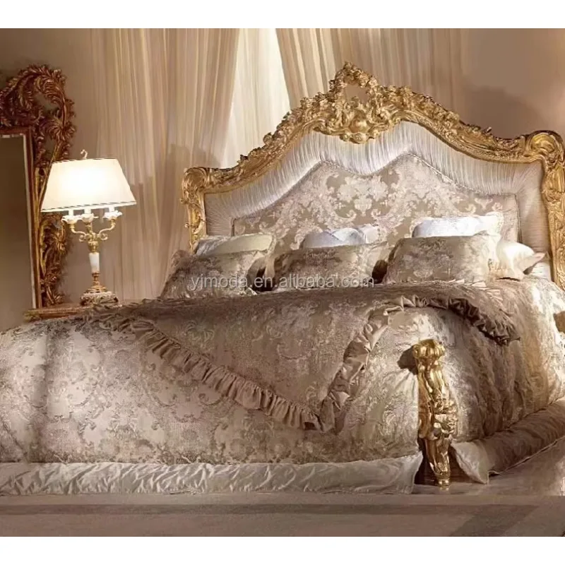 Classic European Style Bedroom Luxury Antique Beds Solid Wood Hand Carved Designs Royal Golden King Bed