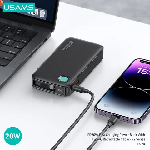 Портативное зарядное устройство USAMS 20W Power Bank 10000mAh с быстрой зарядкой PD, SCP, FCP для телефонов, ноутбуков, планшетов и Mac.