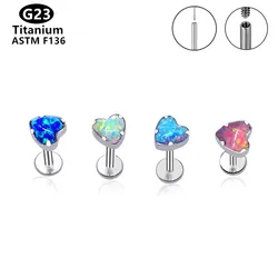 G23 Titanium Exquisite Opal Heart Stud Earrings Labret Lip Studs 16G Internal Thread Ear Cartilage Tragus Helix Piercing Jewelry