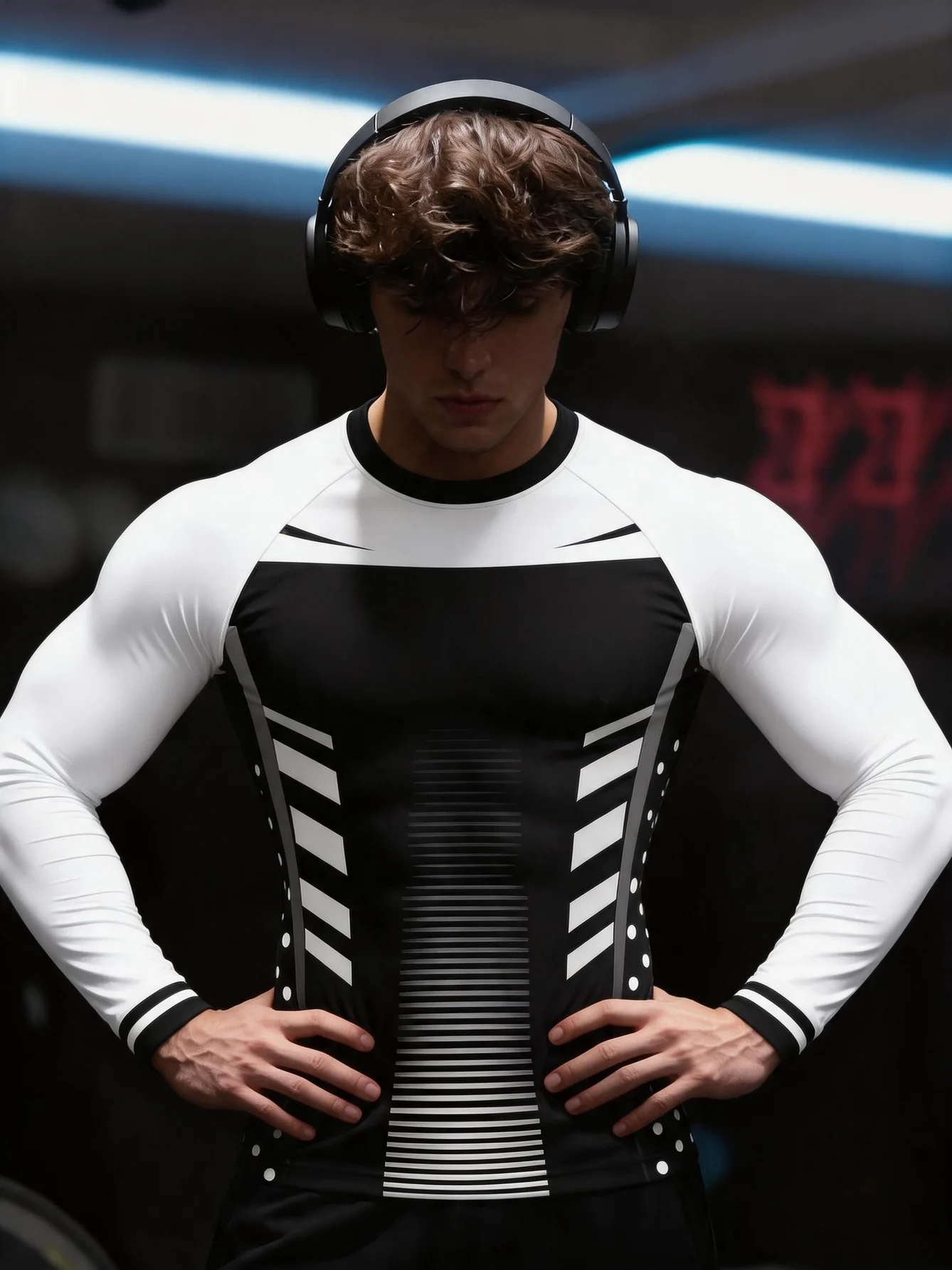 Men's Dark Style Long Sleeve Gym Tee Black White Thorn Totem Print Compression Crew Neck Personality Workout Top
