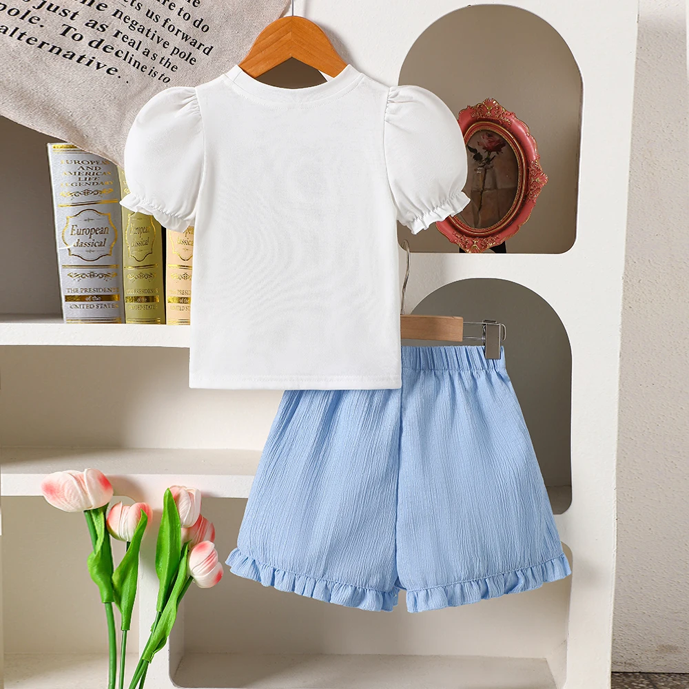 Two-piece casual set for girls: summer three-dimensional floral puff sleeve T-shirt top + solid-color shorts