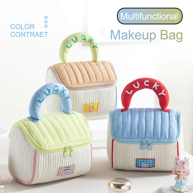 New Women's Cute House Color Block Makeup Bag Travel Large Capacity Cosmetic Organizer Portable Toiletry Case for Home Supplies