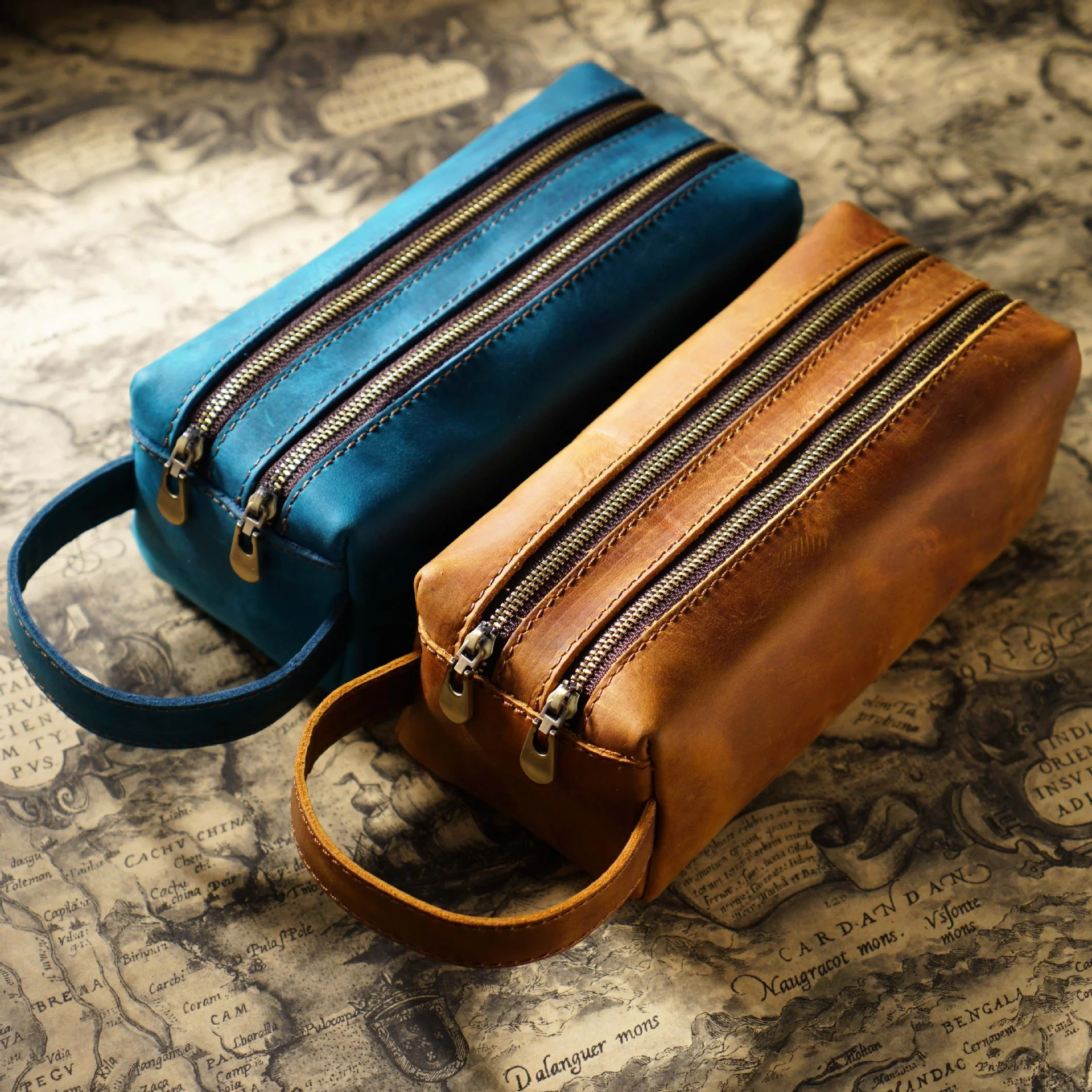 Handmade Genuine Leather Pencil Bag Vintage Double Layer Design Zipper Pen Case Cowhide School Bag Large Capacity Storage Pouch