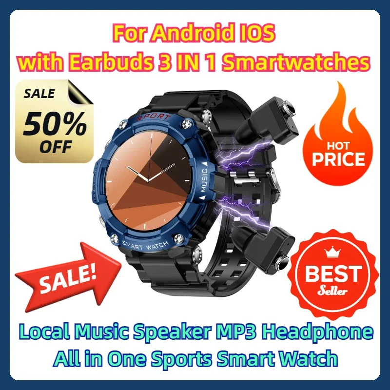 For Android IOS with Earbuds 3 IN 1 Smartwatches Local Music Speaker MP3 Headphone All in One Sports Smart Watch