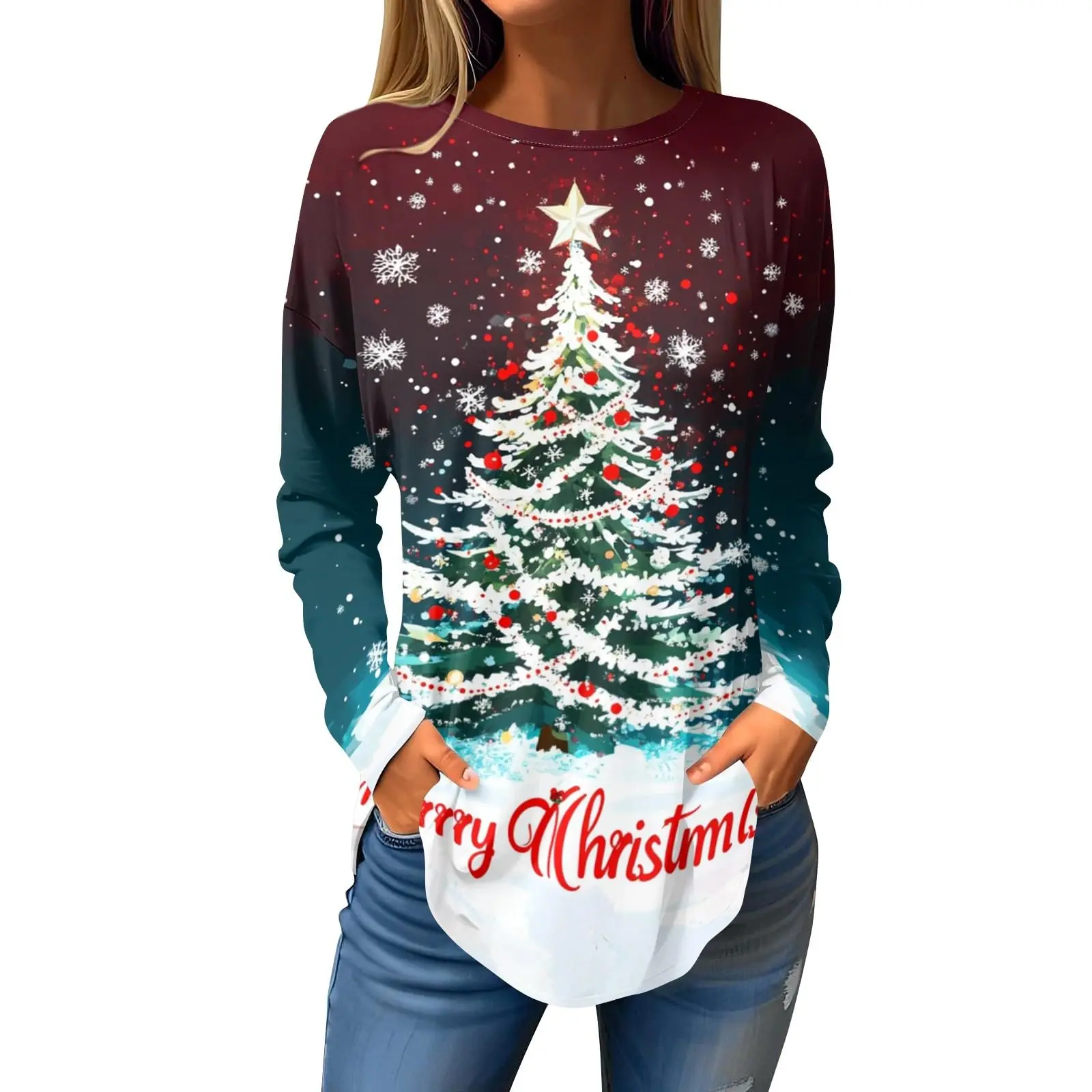 T-shirt a maniche lunghe girocollo con stampa rossa albero di Natale 3D da donna in edizione limitata natalizia Top casual a maniche lunghe alla moda
