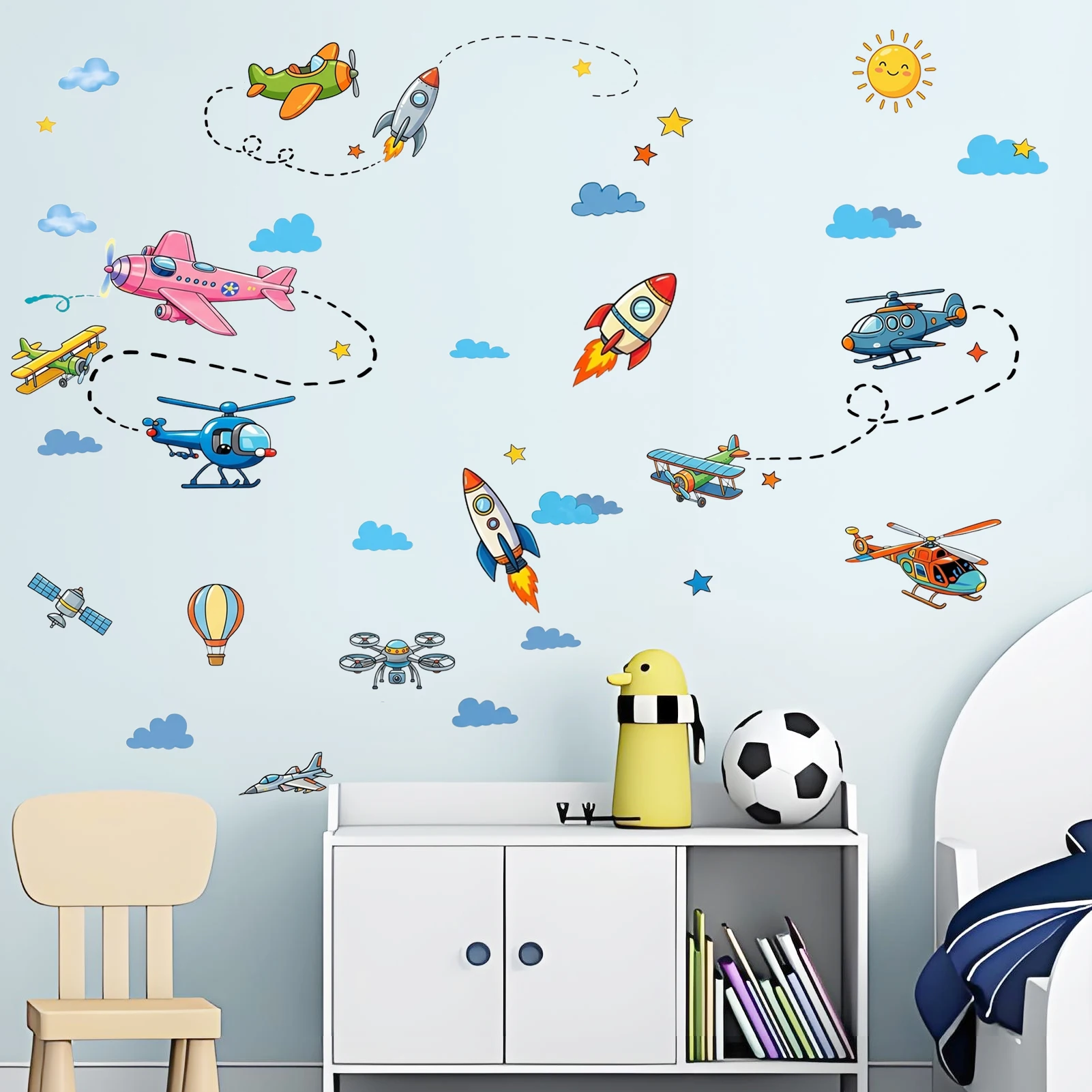 Cartoon Airplane & Rocket Wall Stickers, Colorful Aviation Cloud Decals, Removable Whimsical Home Decor