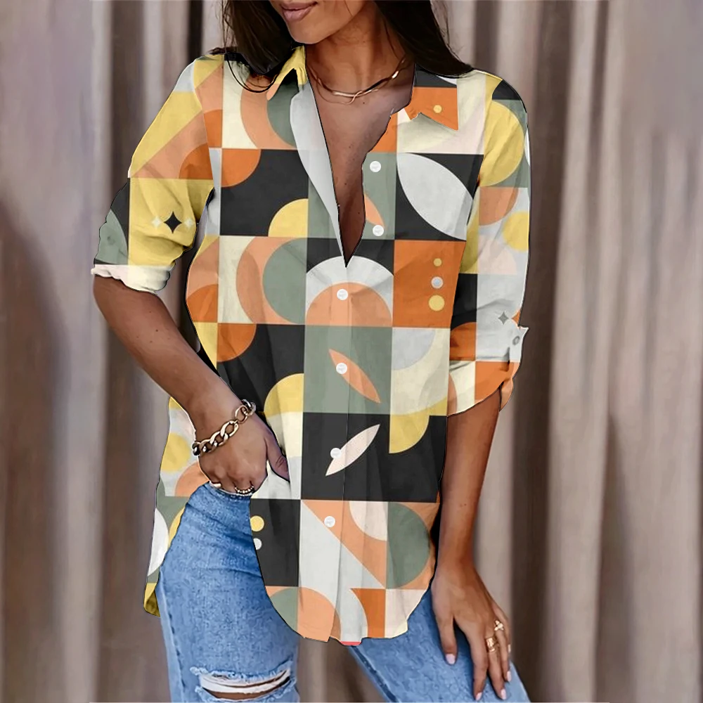 2024 Nieuwe Elegante Dames Revers Dames Dames Revers Dames Retro Geometrische Print Slank Shirt Mode Resort Stijl Lange Mouw Top