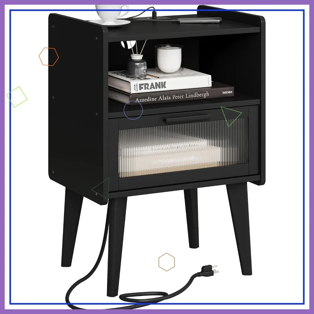 

Прикроватная тумбочка с зарядной станцией, 2-уровневая тумба для хранения вещей для спальни и гостиной, черная