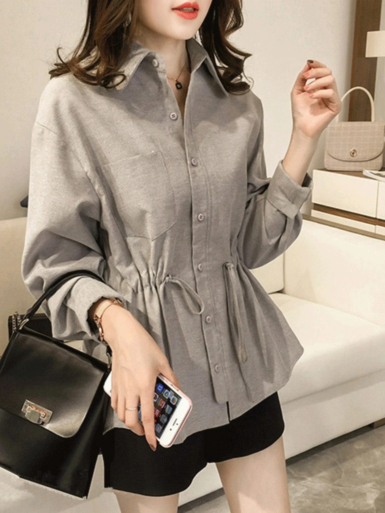 

Shirt Single Breasted Blouses Women Tight Waist Drawstring Turn Down Collar Long Sleeve Shirts Casual Slim Fit 2025 Summer