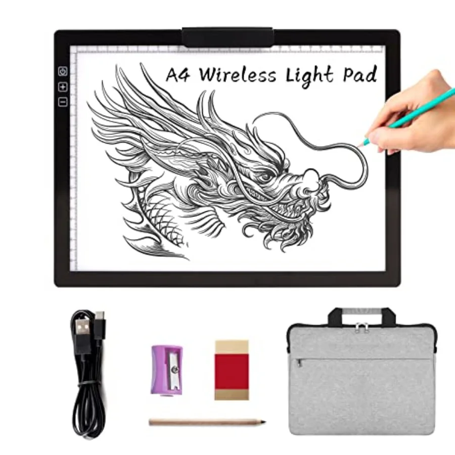 

A4 Wireless LED Light Pad with Carry Bag Innovative Stand and Top Clip Rechargeable Light Box Stepless Dimmable and 6 Levels Br
