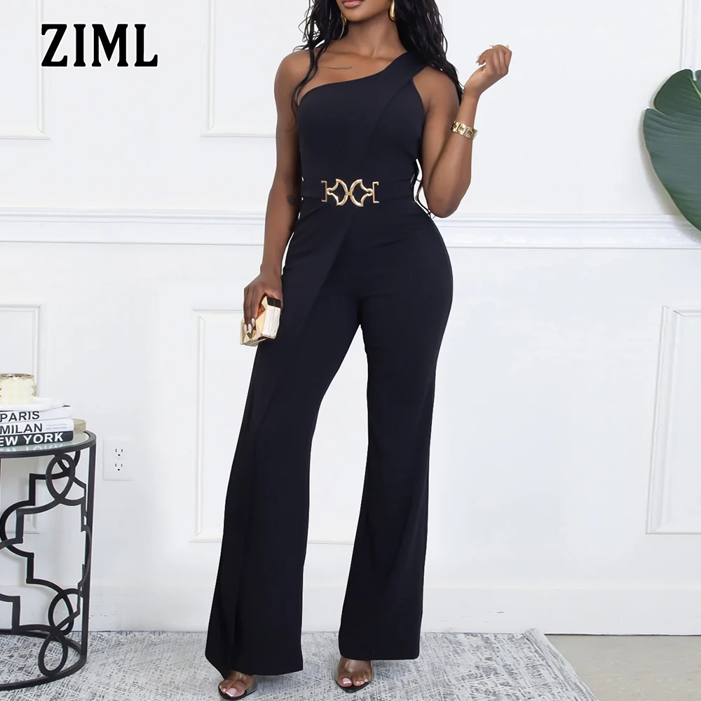 

ZIML Solid Spliced Belts Slimming Jumpsuit for Women Diagonal Collar Sleeveless High Waist Jumpsuits Female Fahsion Style New