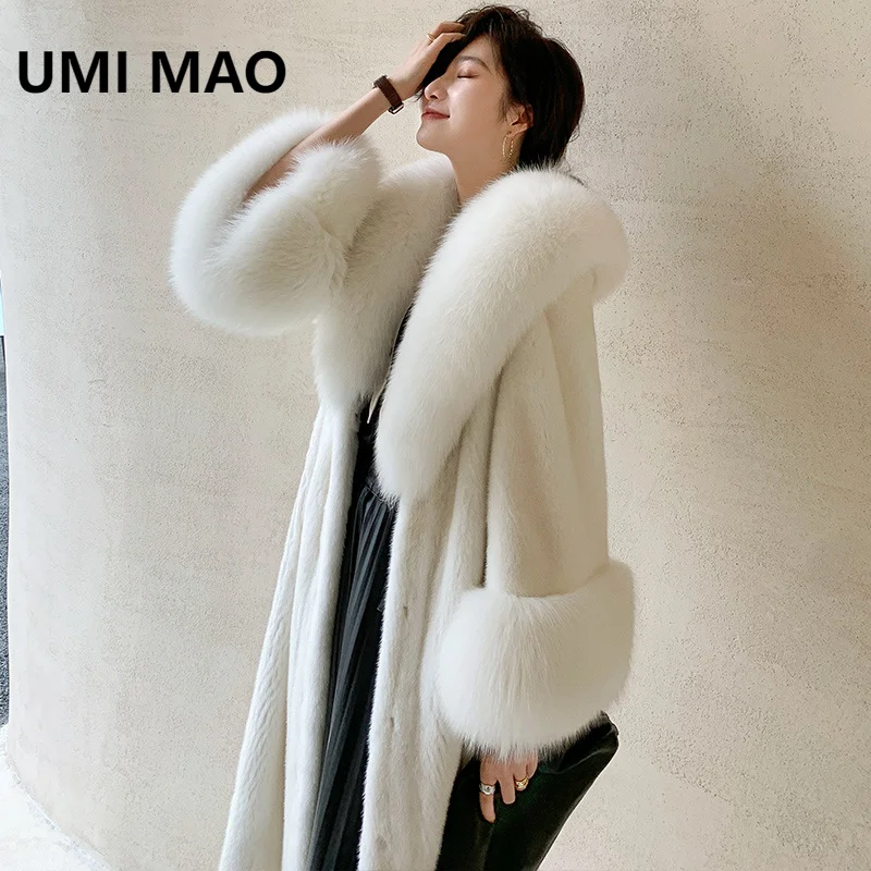 UMI MAO Mink Real Fur Coat Women's Western Style Mink Fur Coat Long Mink Fur Coat Fox Fur Collar With Added Fat Enlargement