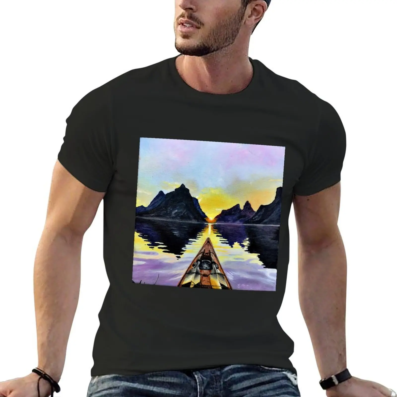 Boat with Water, Mountains, and Sunset Pretty Acrylic Painting T-Shirt hippie clothes for a boy shirts men