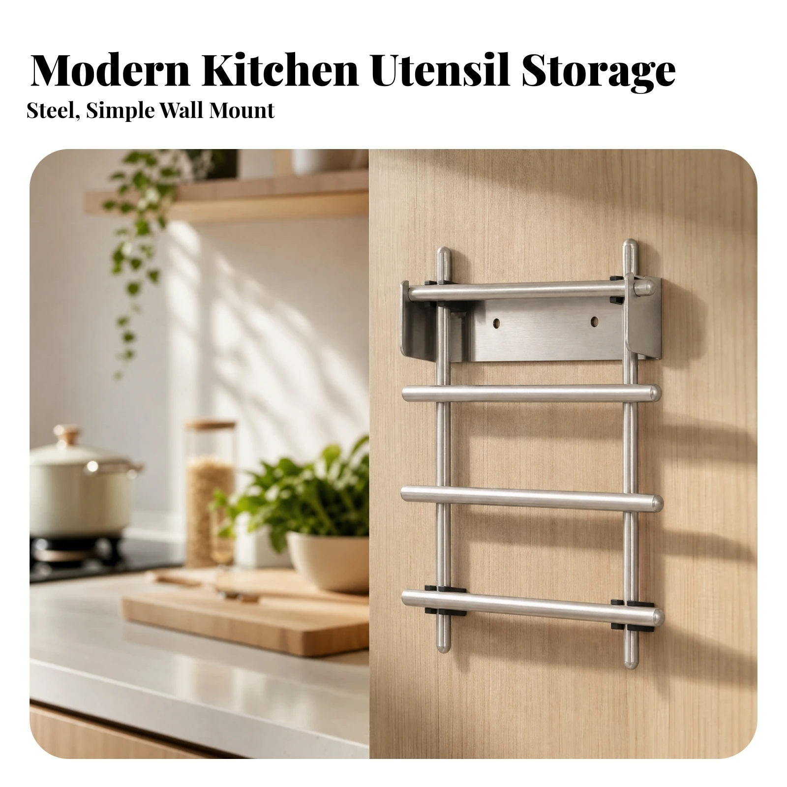 Wall-Mounted Kitchen Storage Rack Wall Mount Utensil Rack Slatted Kitchen Organizer Space-Saving Utensil Holder Metal