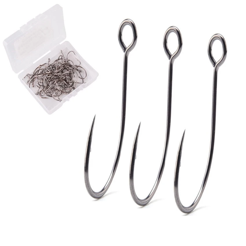 50pcs/box Barb Hook Fishing Hooks Big Ring Carbon Steel Single Hooks Tackle Box Worm Spoon Jig Hooks With Big Eyes Fishhook