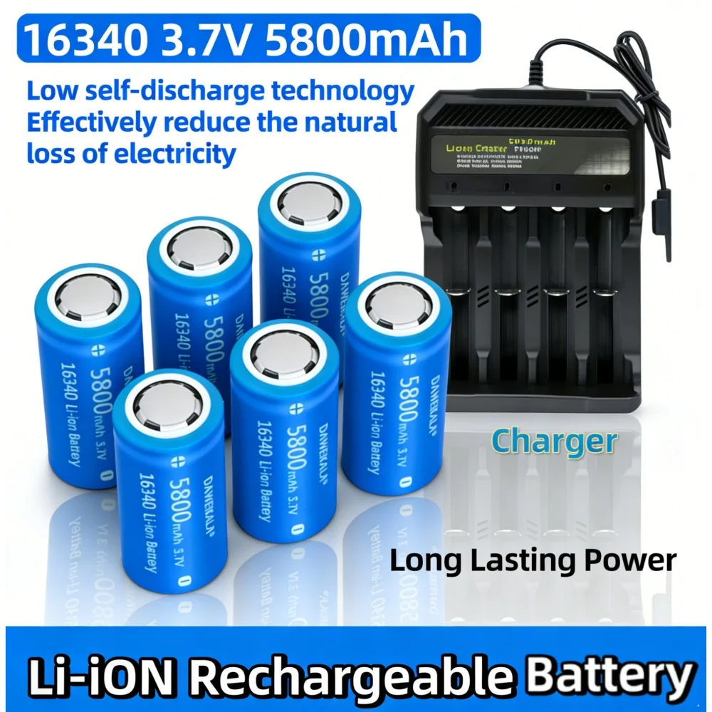 

5800mAh 16340 CR123A Li-ion Rechargeable Battery 3.7V with Wall Charger for Flashlights & Outdoor Gear