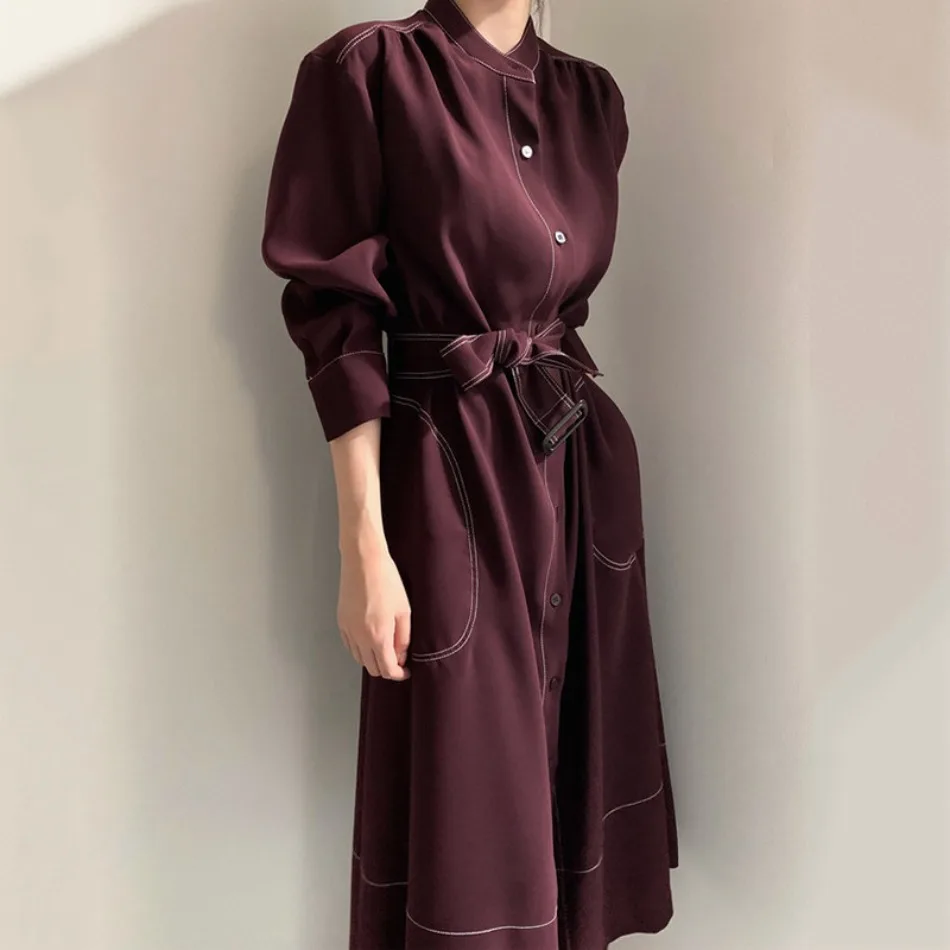 Neues Frühlings-Herbst-Einreihiges Damen-Hemdkleid mit Stehkragen, koreanischer Casual-Stil, gerade geschnitten, elegantes langes Kleid für Damen. – Detail 11