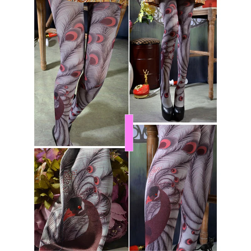 Women Retro Ethinic Style Sexy Pantyhose Peacock Printed Tights Girl Catwalk Show Pantyhose Spring Thin Transparent  Stockings