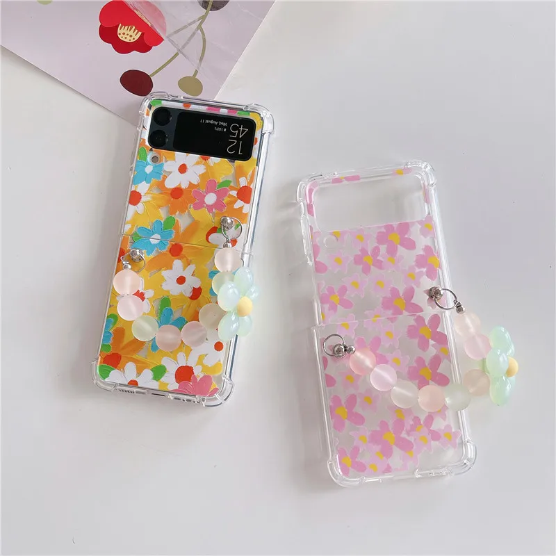 

For Samsung Z Flip 4 Case Floral Transparent Folding with Bracelet For Samsung Z Flip 3 5G ZFlip4 Soft Silicone Back cover