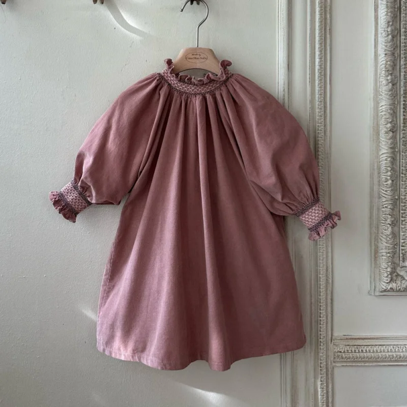 New Girls' Dress Spring and Autumn Little Girl Artistic Lantern Sleeve Versatile Lace Long Sleeve Princess Dress