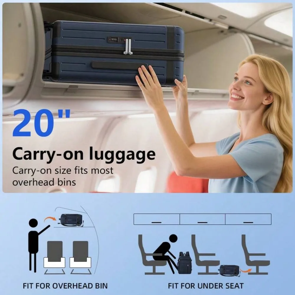 3 Piece 20 Inch Carry On Luggage Set Hard Shell Suitcase with Travel Backpack and Makeup Bag TSA Lock 360 Degree Spinner Wheels Lightweight Durable ABS PC Material Expandable Rolling Suitcase for Women Men Business Weekend Travel Fits Airline Overhead Bin view 4