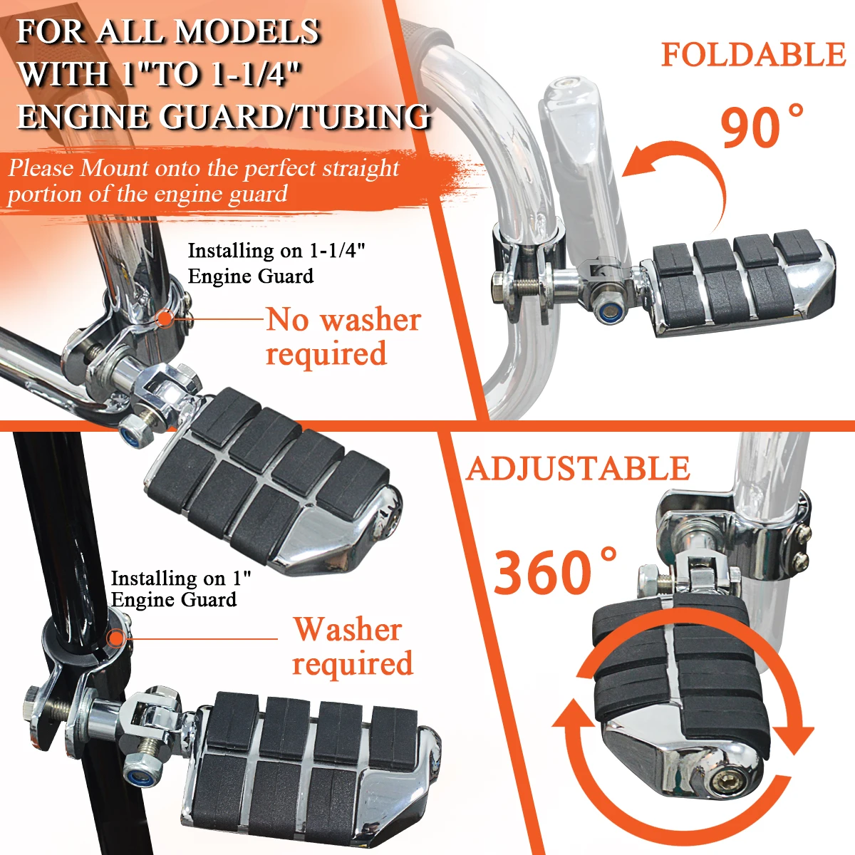 Chrome Highway Foot Peg Motorcycle Footrest Pedal Footpeg Mount Compatible For Harley Electra Road King Street Glide 1-1/4