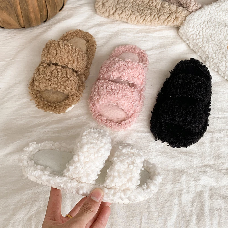 

Furry Slipper Winter Comfortable Warm Fluffy Solid Color Flat Slippers Girls Fashion Cotton Velvet Slip-On Casual Home Slippers
