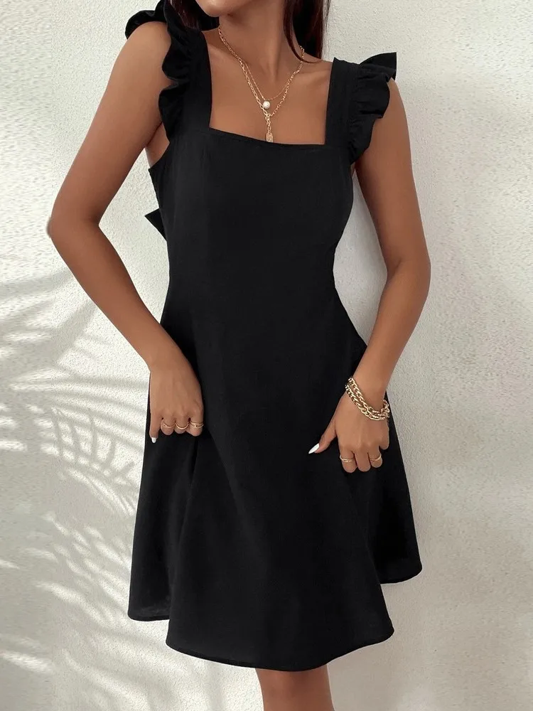 

Black Bow Tie Back Ruffle A-line Dress 2026 New Sexy Women Dress Backless Halter Sleeveless Dress Beach Holiday Dresses Females
