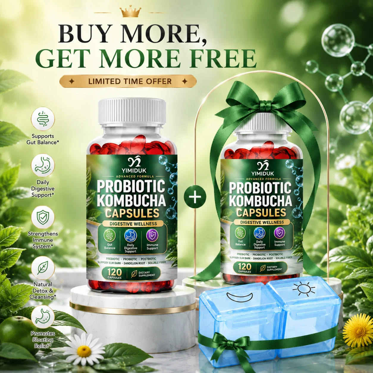 Cápsulas de Kombucha Probiótica Avanzada, Fibra Prebiótica y Postbiótica LM-1004, Alivia la Hinchazón, Mejora el Tránsito Intestinal y la Comodidad Intestinal