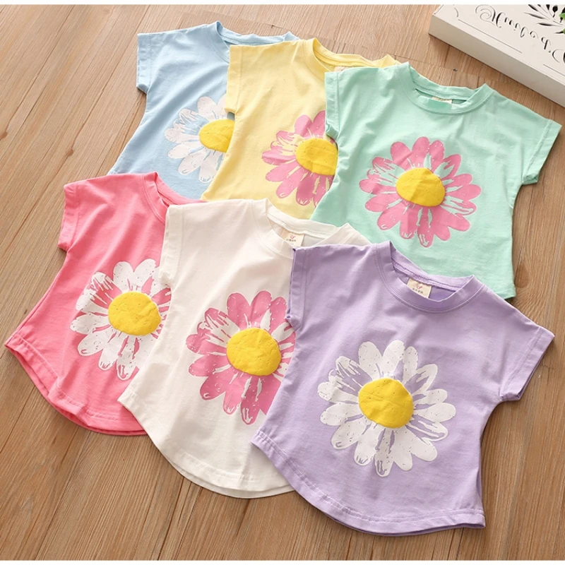 2023 Summer 2 3 4 6 8 10 Years Children\'S Clothing Kids Tops Short-Sleeve Cotton Basic Flower T-Shirt  For Kids Girl