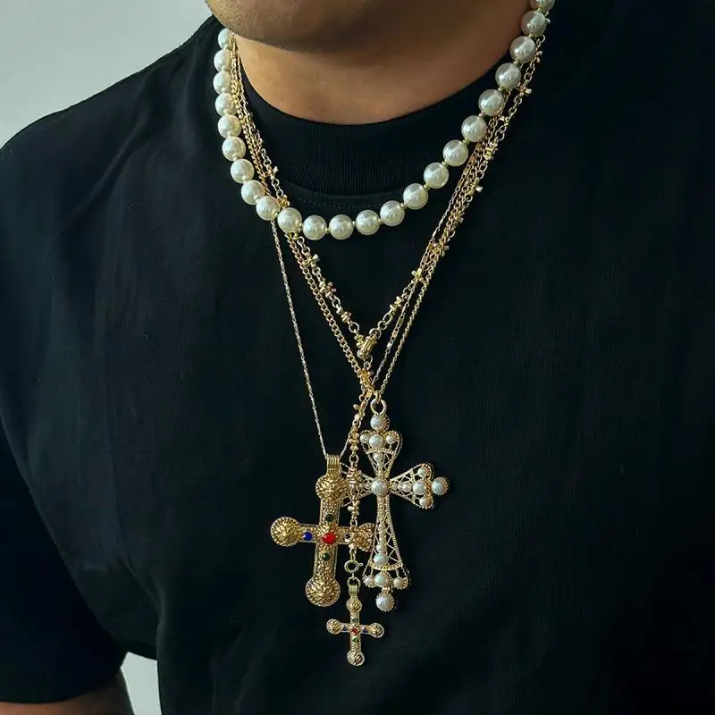 Hiphop Punk Pearl Cross Pendant Necklace for Women Men Vintage Colorful Rhinestone Chain Necklace Fashion Party Jewelry